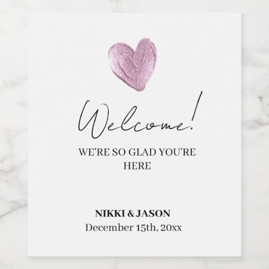 Elegant Roze Glitter Hart Minimale Bruiloft Welkom Wijn Etiket (Enkel label)