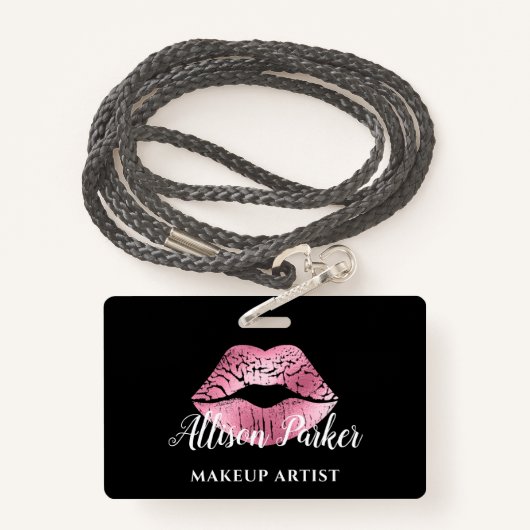 Elegant roze Glitter Kiss Makeup Artist Badge (Achterkant met draagriem)