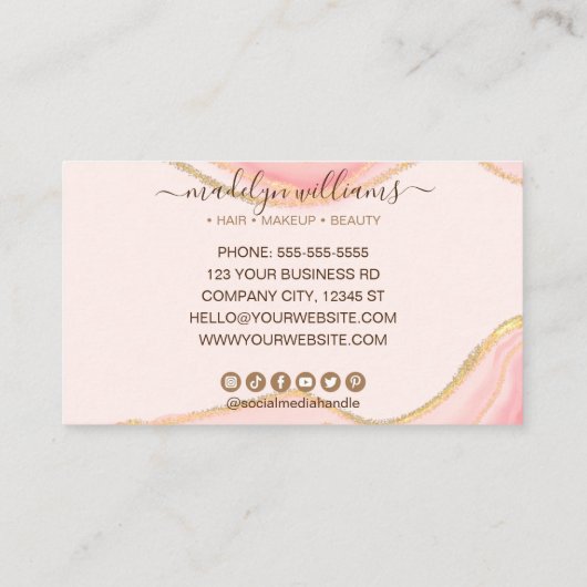 Elegant Roze Glitter Marble Agate Script Visitekaartje (Achterkant)