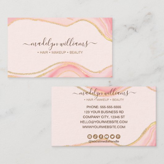 Elegant Roze Glitter Marble Agate Script Visitekaartje (Voorkant / Achterkant)