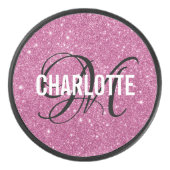 Elegant roze glitter monogram naam hockey puck (Voorkant)