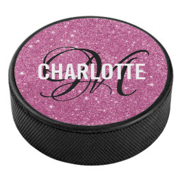 Elegant roze glitter monogram naam hockey puck