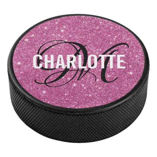 Elegant roze glitter monogram naam hockey puck (3/4)