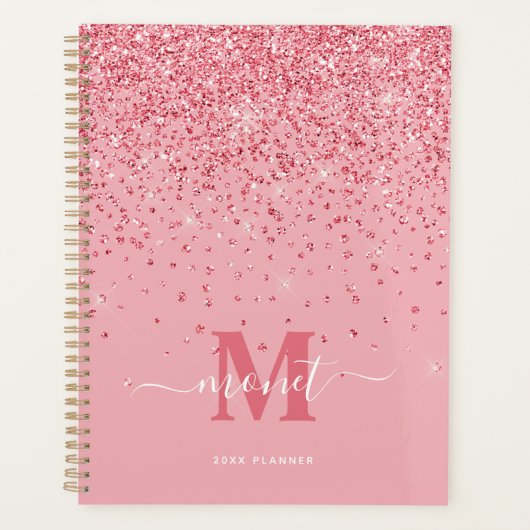 Elegant Roze Glitter Monogramnaam Planner (Voorkant)
