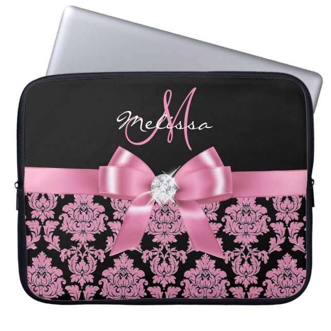 Elegant, Roze glitter Zwart Damast, Bow, Monogram Laptop Sleeve (Voorkant)