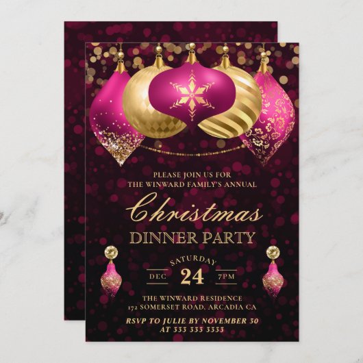 Elegant Roze & Gold Baubles kerstfeest Kaart (Voorkant / Achterkant)