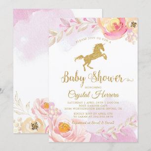 Elegant Roze & Gold Floral Unicorn Baby shower Kaart