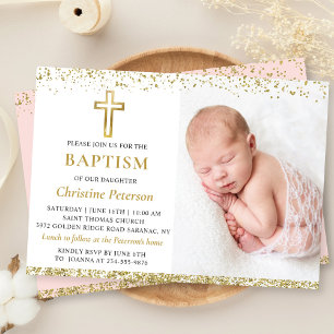 Elegant roze Gold Glitter Cross Girl Baptisme Foto Kaart