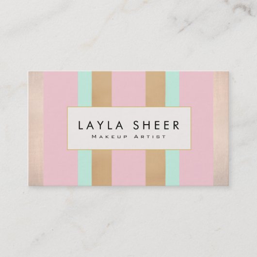 Elegant Roze & Gold Striped Makeup Artist Visitekaartje (Voorkant)