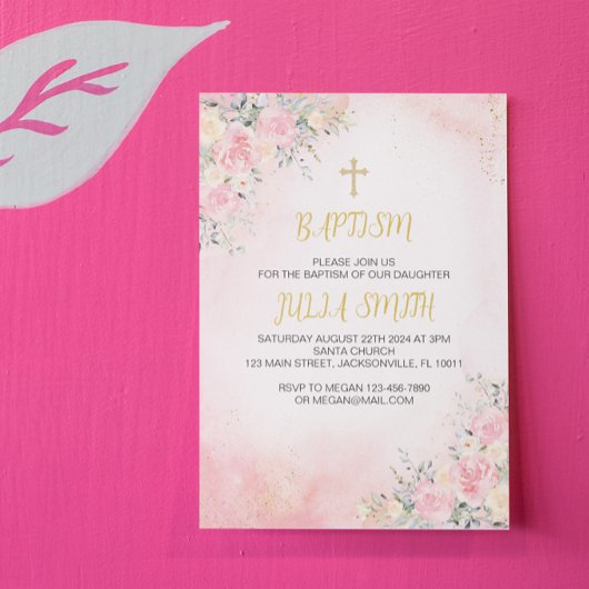 Elegant Roze Goud Bloemen Doop Uitnodiging Kaart