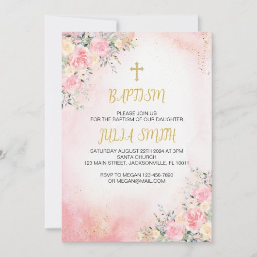 Elegant Roze Goud Bloemen Doop Uitnodiging Kaart (Voorkant)