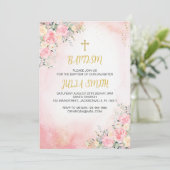 Elegant Roze Goud Bloemen Doop Uitnodiging Kaart (Staand voorkant)