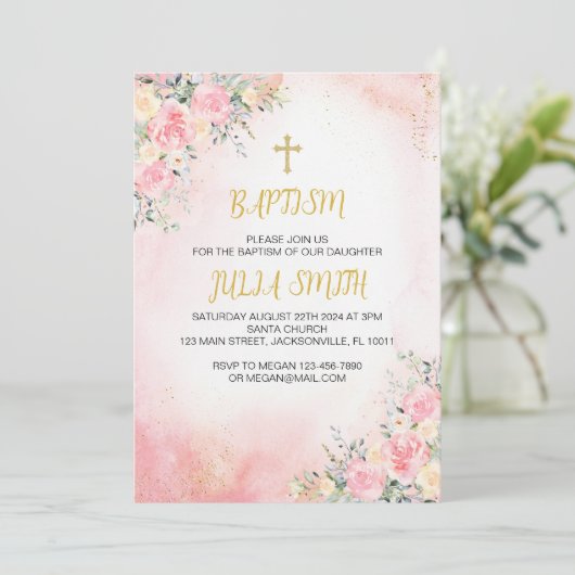 Elegant Roze Goud Bloemen Doop Uitnodiging Kaart (Staand voorkant)