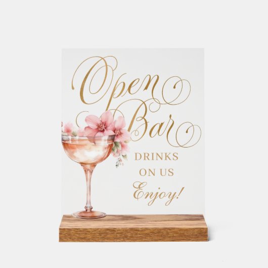 Elegant Roze Goud Bloemen Open Bar Acryl bord (Voorkant)