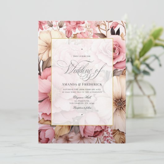 Elegant roze goud bloemenbruiloft kaart (Staand voorkant)