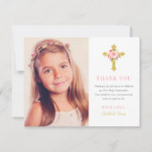 Elegant roze goud bloemeneerste communie foto bedankkaart (Voorkant)