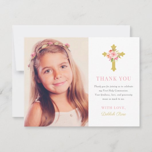 Elegant roze goud bloemeneerste communie foto bedankkaart (Voorkant)