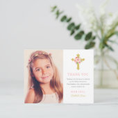 Elegant roze goud bloemeneerste communie foto bedankkaart (Staand voorkant)