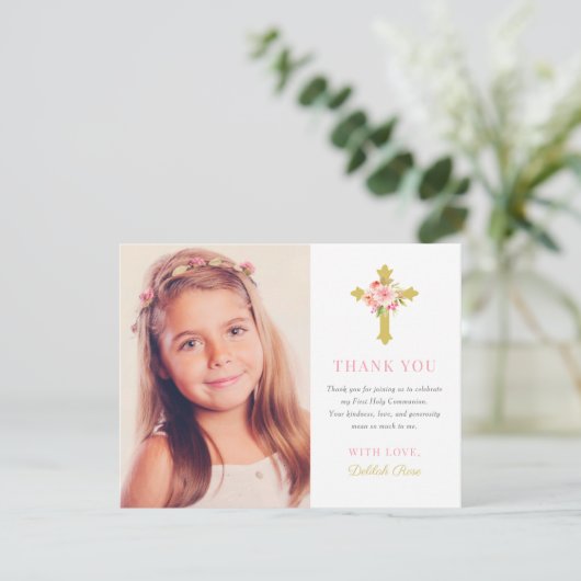 Elegant roze goud bloemeneerste communie foto bedankkaart (Staand voorkant)