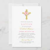 Elegant roze goud bloemenkruis baby meisje doop kaart (Voorkant)