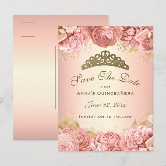 Elegant roze goud bloemenquinceanera bewaar de dat briefkaart (Voorkant / Achterkant)