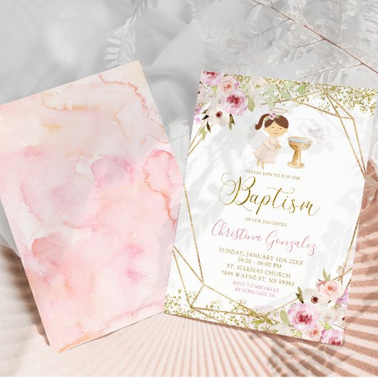 Elegant Roze Goud Geometrisch Bloemen Meisje Dopen Kaart