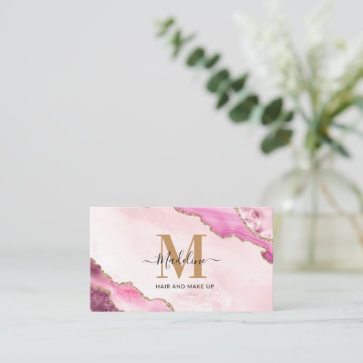 Elegant roze goud glitter Agate Marble Monogram Visitekaartje (Staand voorkant)