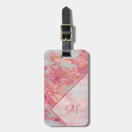 Elegant roze goud Glitter Geometric Monogram Girly Bagagelabel (Voorkant verticaal)