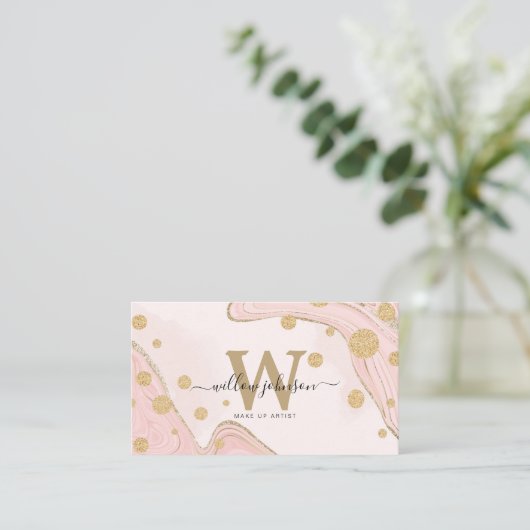 Elegant roze goud Glitter Monogram Agate Marmer Visitekaartje (Staand voorkant)