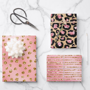 Elegant Roze Goud Glitter Zwarte Cheetah Luipaard Inpakpapier Vel