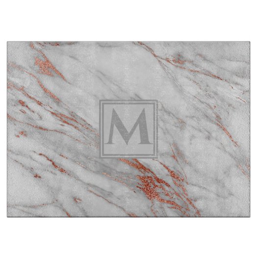 Elegant roze goud  koper wit marmer Monogram Snijplank (Voorkant)