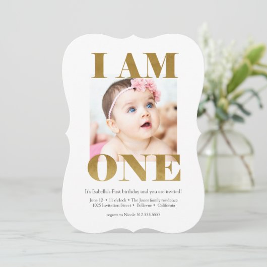 Elegant Roze + Goud met Foto 1st Birthday Kaart (Staand voorkant)