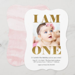 Elegant Roze + Goud met Foto 1st Birthday Kaart