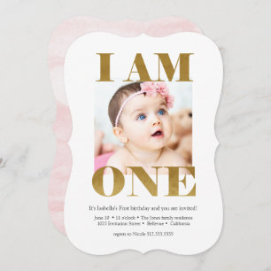 Elegant Roze + Goud met Foto 1st Birthday Kaart