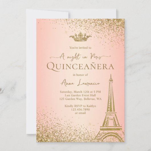 Elegant Roze Goud Paris Eiffeltoren Quinceanera Kaart (Voorkant)