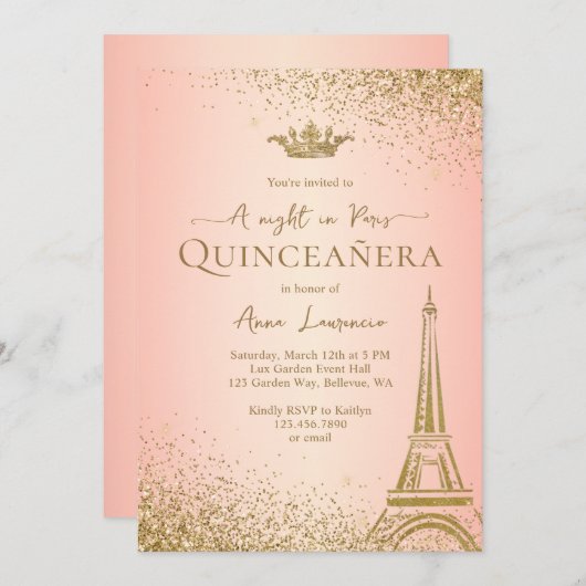 Elegant Roze Goud Paris Eiffeltoren Quinceanera Kaart (Voorkant / Achterkant)