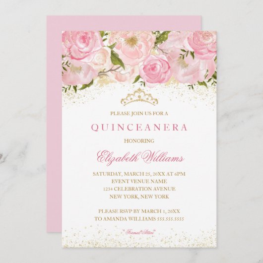 Elegant Roze Goud Roos Quinceanera Invitation Kaart (Voorkant / Achterkant)