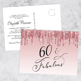 Elegant Roze Goud Roze Glitter 60e Verjaardagsfees Uitnodiging Briefkaart