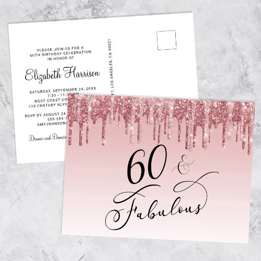 Elegant Roze Goud Roze Glitter 60e Verjaardagsfees Uitnodiging Briefkaart