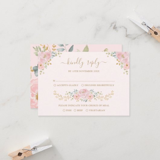 Elegant Roze Goud Waterverf Bloemen Bruiloft RSVP Kaart (Voorkant / Achterkant in situ)