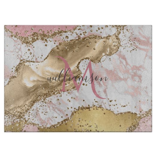 Elegant Roze Goud | Wit Marmeren Monogram Snijplank (Voorkant)