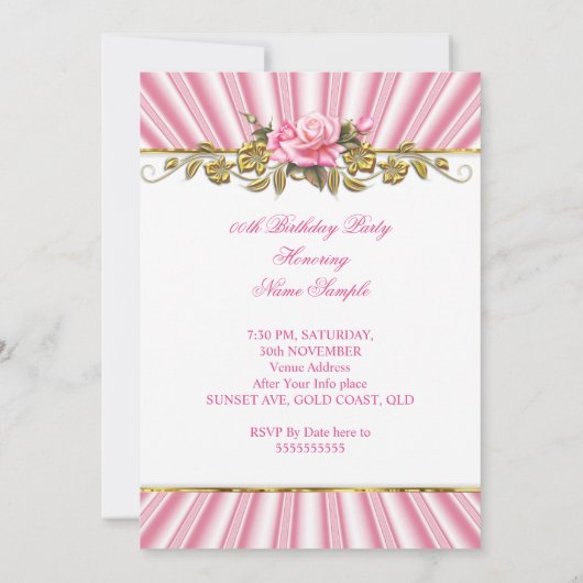 Elegant Roze Goud Wit Verjaardagsfeest Kaart (Achterkant)