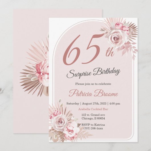 Elegant Roze Gouden 65e Verjaardagsfeest Surprise  Kaart (Voorkant / Achterkant)