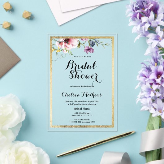 Elegant roze gouden bloemig lijsten Vrijgezellenfe Acryl Uitnodigingen (Insitu (Huwelijk))