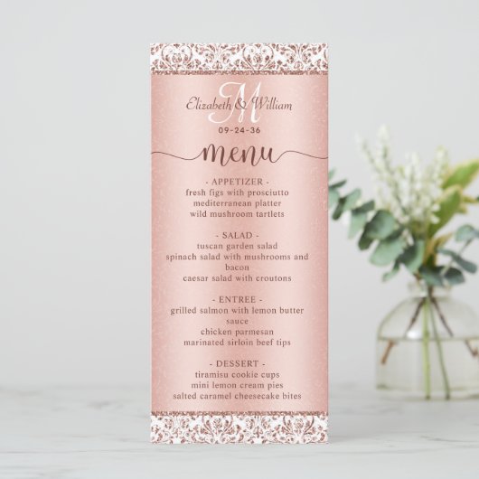 Elegant Roze Gouden Damast Monogram Trouwmenu Programmakaart (Staand voorkant)