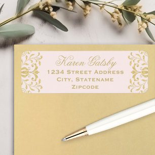 Elegant Roze Gouden Damast Trouwadres Etiket