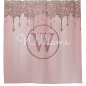 Elegant Roze Gouden Glitter Druppels Monogram Scri Douchegordijn (Voorkant)