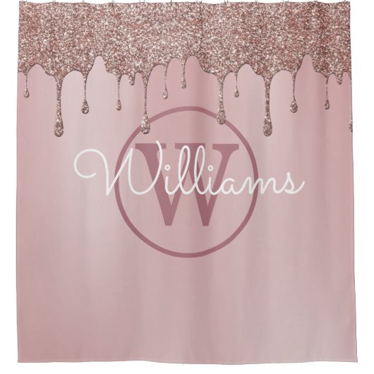 Elegant Roze Gouden Glitter Druppels Monogram Scri Douchegordijn (Voorkant)