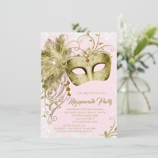 Elegant roze gouden glitter masqueradefeest kaart (Staand voorkant)