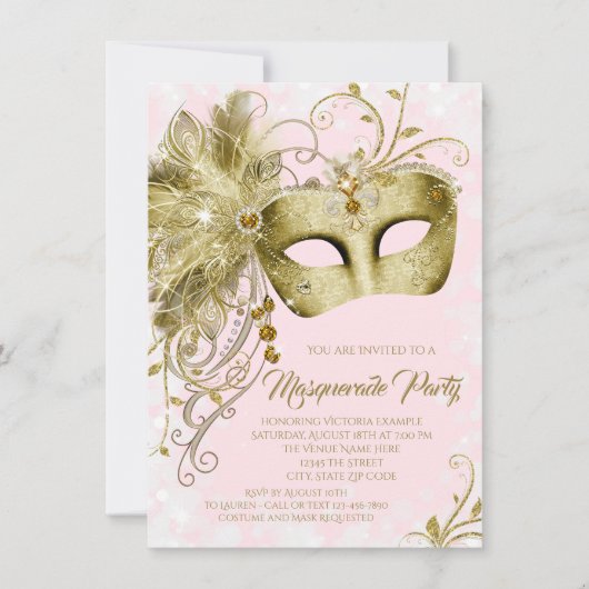 Elegant roze gouden glitter masqueradefeest kaart (Voorkant)